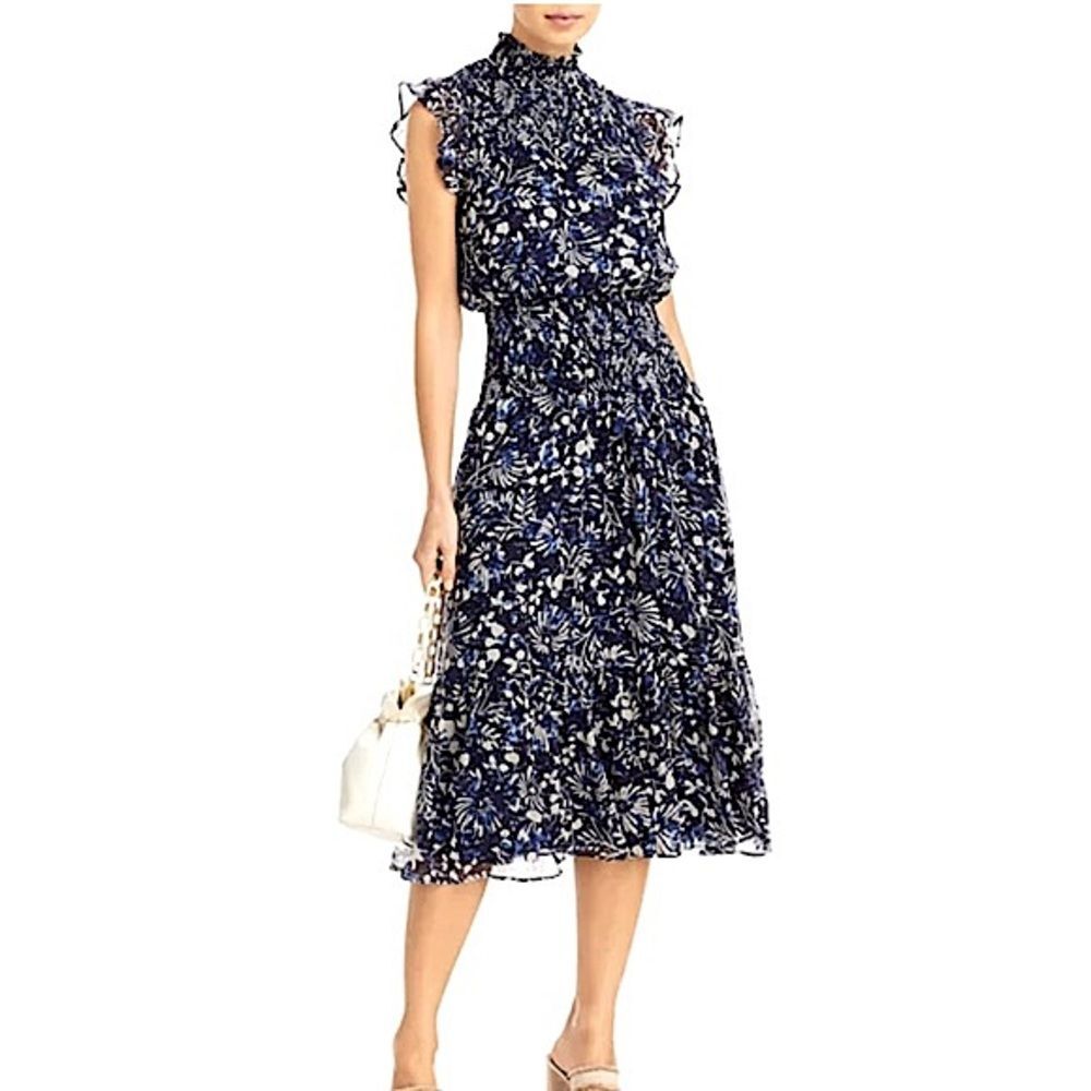 Aqua Floral Print Smocked Midi Dress Size Medium